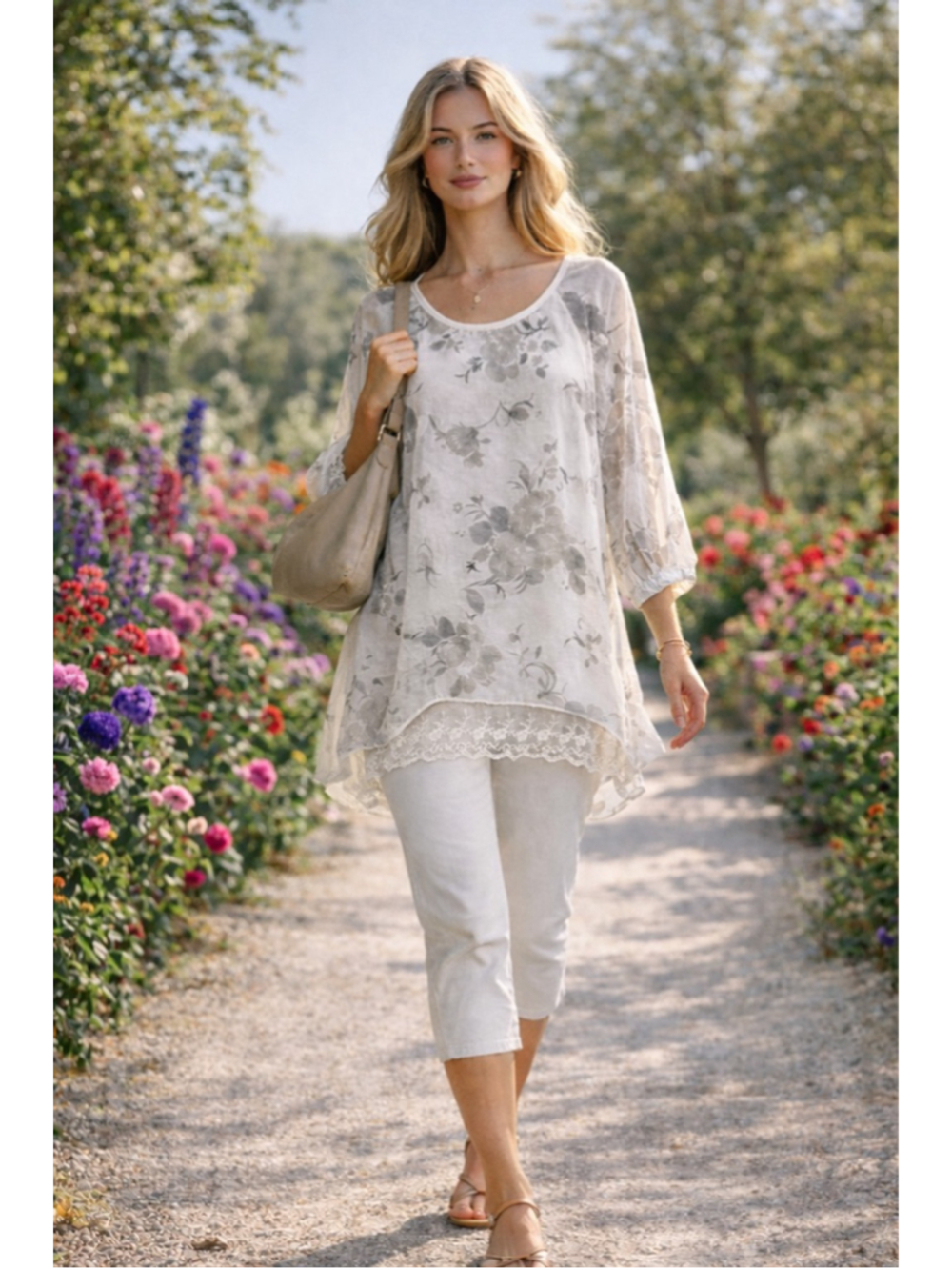Made Italy Silk Lagenlook Tunic Blouse Women L Relaxed Cottagecore Floral White